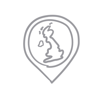a white and gray logo with an outline of the UK inside a circle