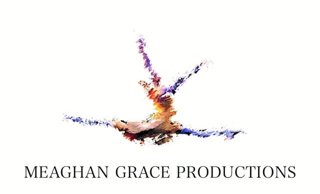 The logo for Meaghan Grace Productions - featuring the name with a dancer above. The dancer is a blurred graphic, doing a splits jump with arms in the air and wearing an orange dress.